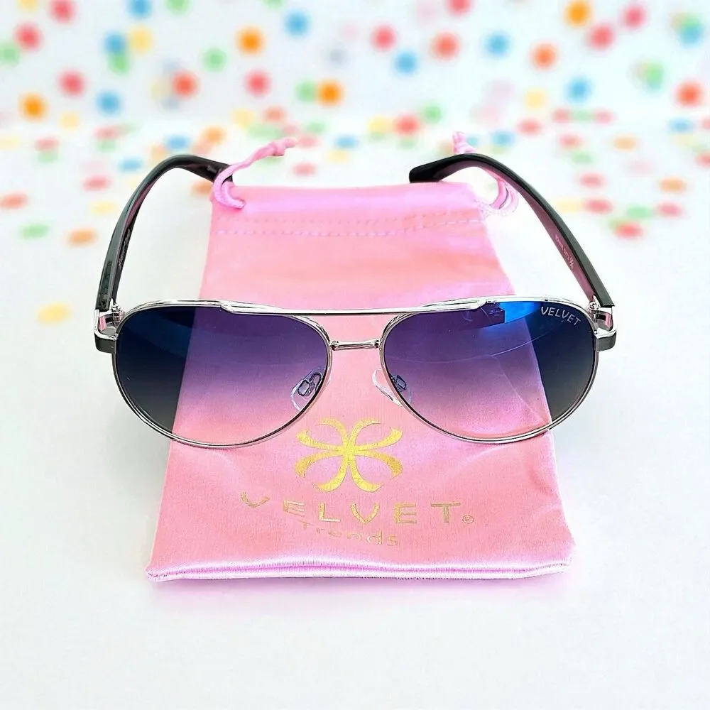 Velvet Eyewear Bonnie Aviator Sunglasses in Silver Flash w/microfiber pouch